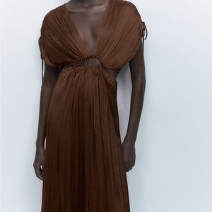 BROWN SATIN EFFECT CUT OUT PLEATED MAXI DRESS